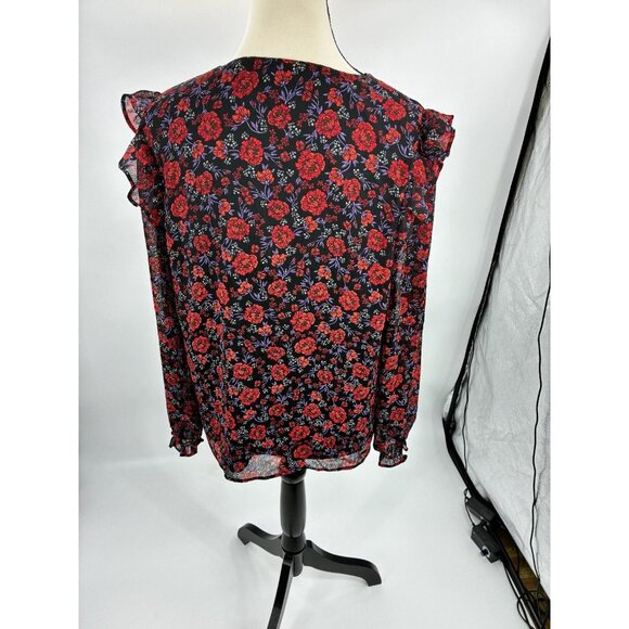 Banana Republic Womens Size M Black Red Floral V Neck Ruffle Sleeve Sheer Blouse - Picture 4 of 6